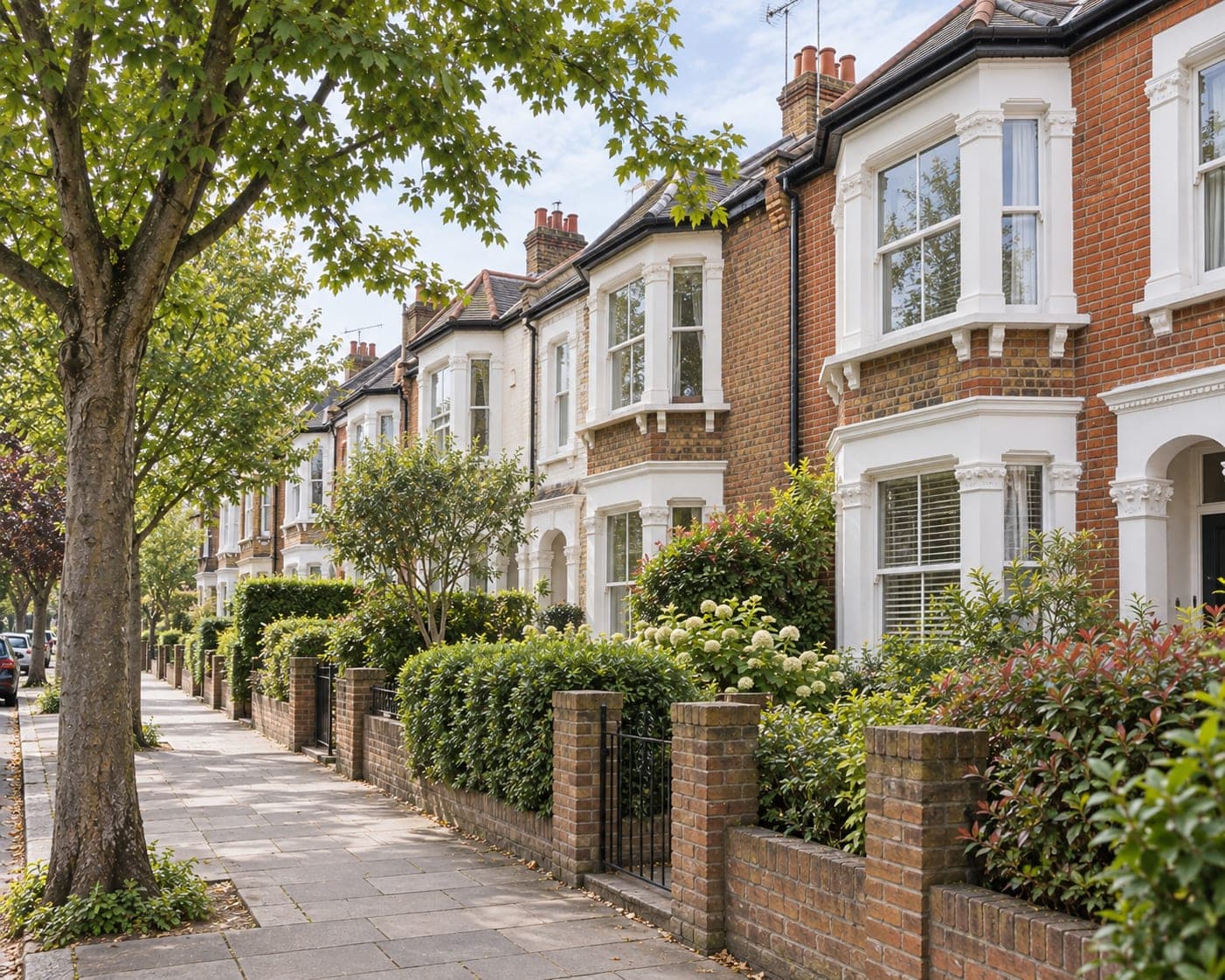 A leafy residential street of period terraced houses in Enfield